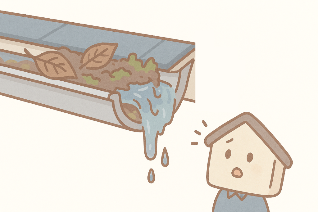 雨樋に落ち葉や泥が詰まり水があふれている様子のイラスト