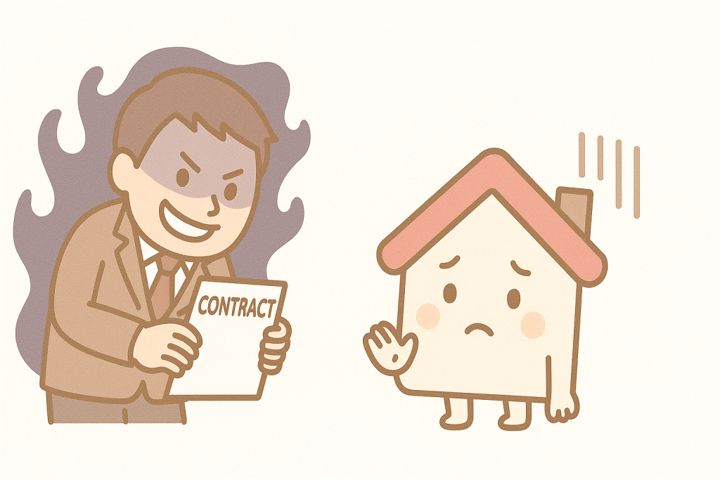 契約を急かす悪質な屋根修理業者と不安そうな家キャラクターのイラスト