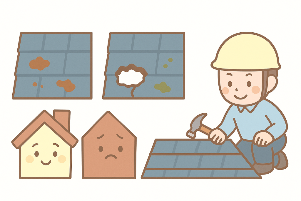 金属屋根のサビ・穴あき・板金交換を3段階で説明したイラスト