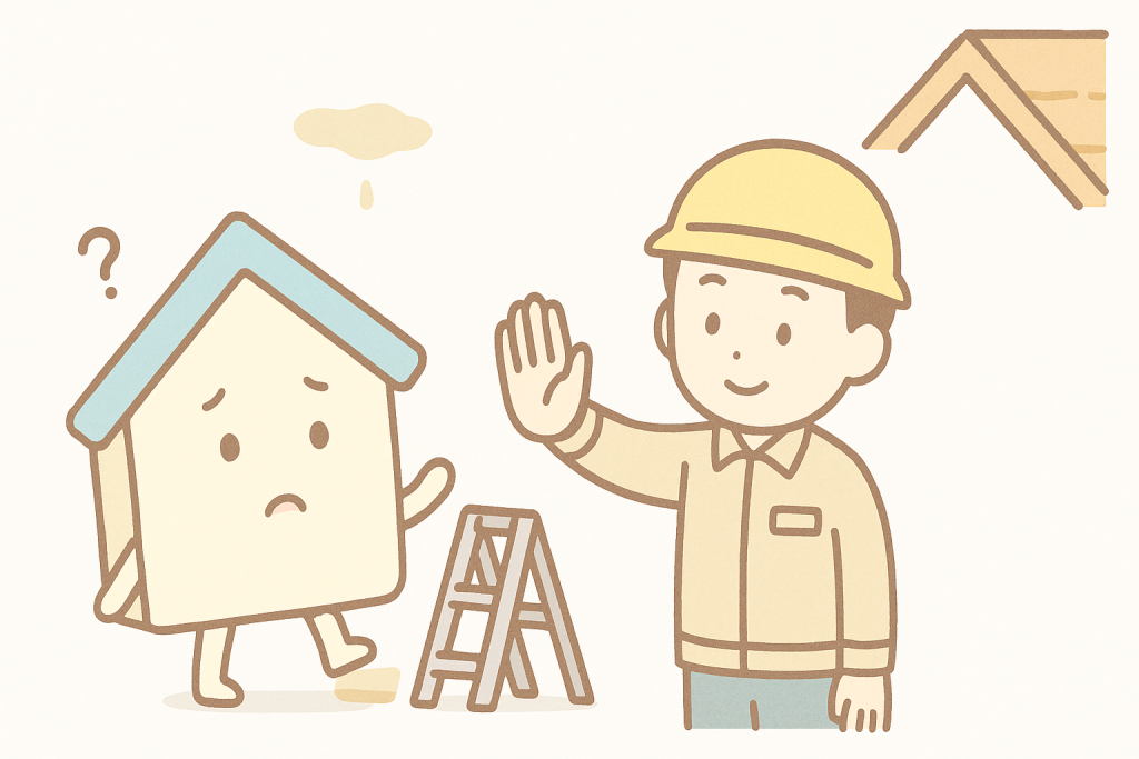 屋根に登ろうとする家キャラクターを作業員が優しく止めているイラスト