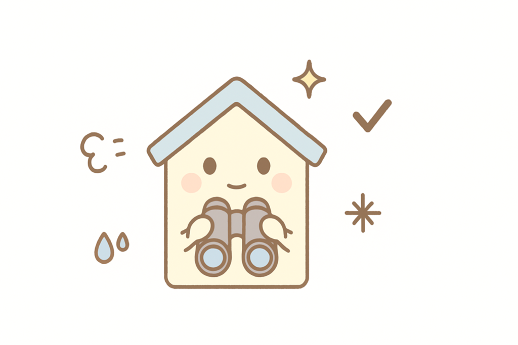 屋根を双眼鏡でチェックする家のイラスト