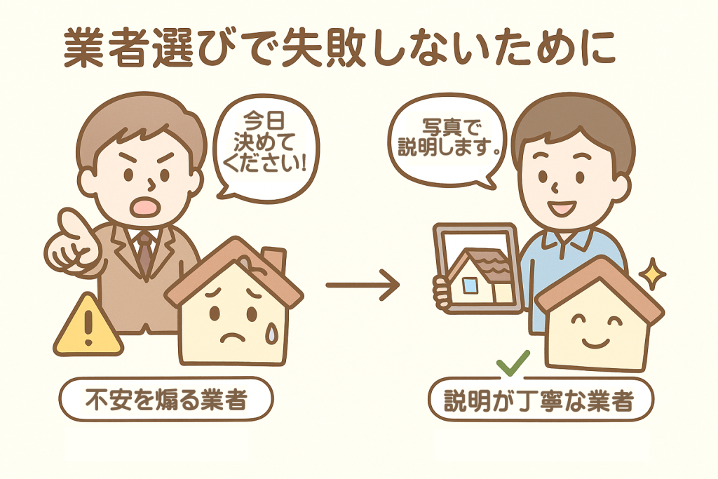 良い屋根業者と怪しい屋根業者を比較するイラスト