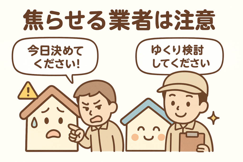 急かす業者と丁寧に説明する業者を比較したイラスト