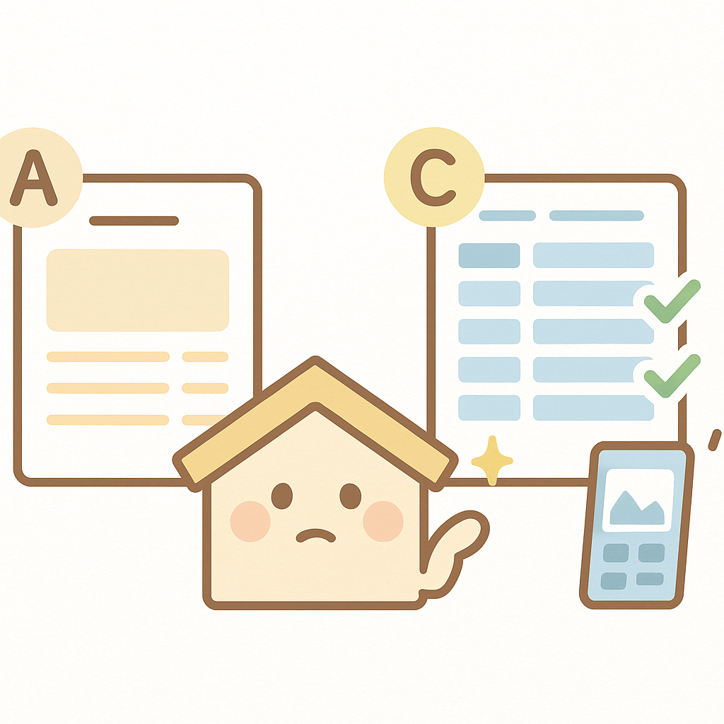 工事一式の見積書と明細の分かりやすい見積書を家キャラが比較するイラスト