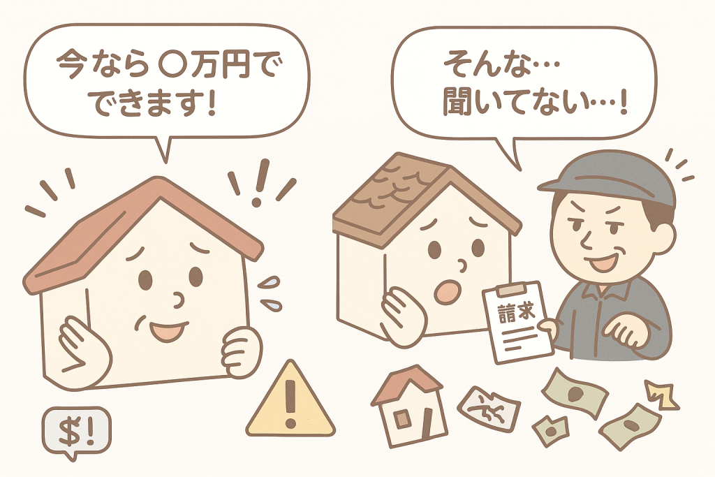 安い見積もりで契約させ、工事後に追加費用を請求する悪徳屋根業者と驚く家キャラクターのイラスト。
