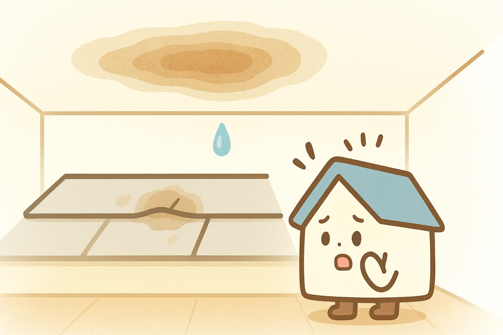 室内の天井にシミが広がっている様子のイラスト