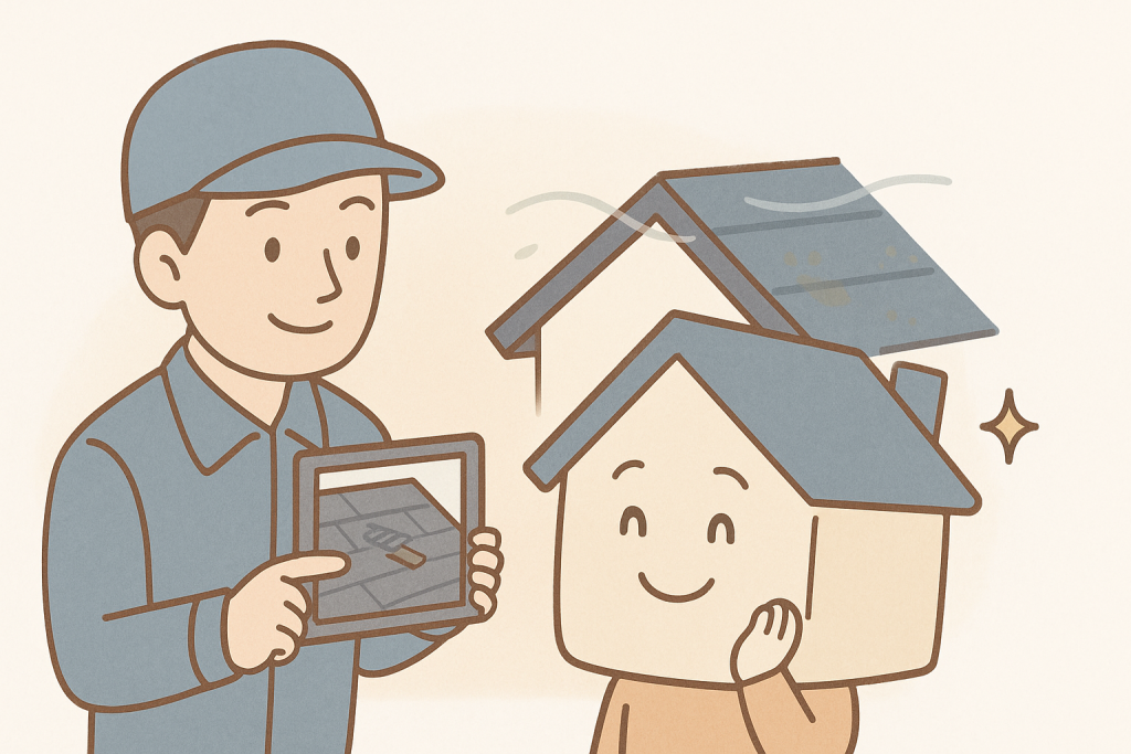 屋根点検の結果を専門家が丁寧に説明し、家キャラクターが安心している様子のイラスト。相談しやすい優しい雰囲気を表現。
