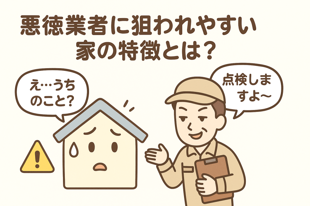 悪徳業者に狙われ不安になる家のキャラクターのイラスト