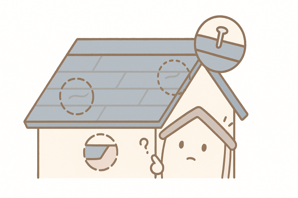 スレートのひび割れや棟板金の浮きを示す外観劣化の図解風イラスト