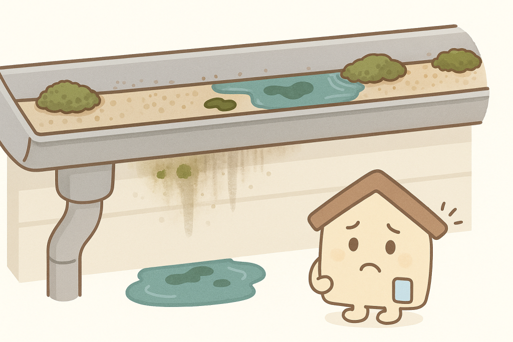雨樋にコケ・藻・砂ぼこりが蓄積して湿った状態のイラスト