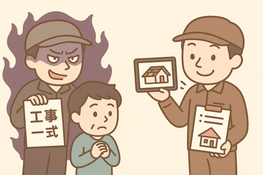 怪しい業者と丁寧な業者の違いを表した比較イラスト