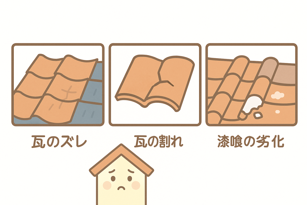 瓦屋根のズレ・割れ・漆喰劣化をまとめた説明イラスト