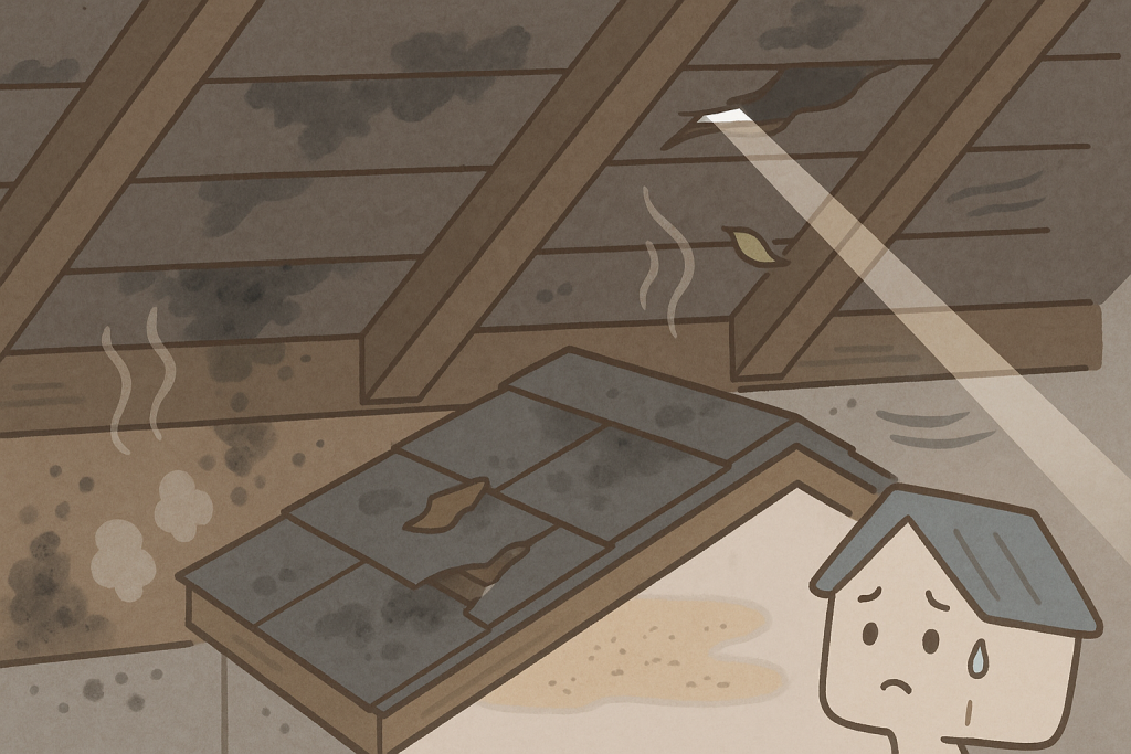 屋根裏で確認できる雨漏り初期サインのイラスト。木材の黒ずみや湿気、小さな光漏れが描かれ、家キャラクターが気づいている様子。
