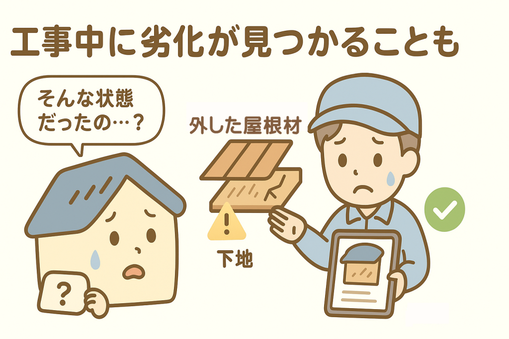 工事中に屋根の内部劣化が発見され説明を受ける家キャラクターのイラスト