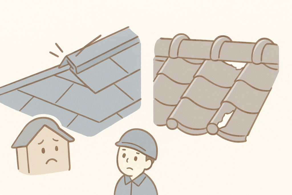 棟板金の釘抜けや棟瓦のガタつきをチェックするイラスト