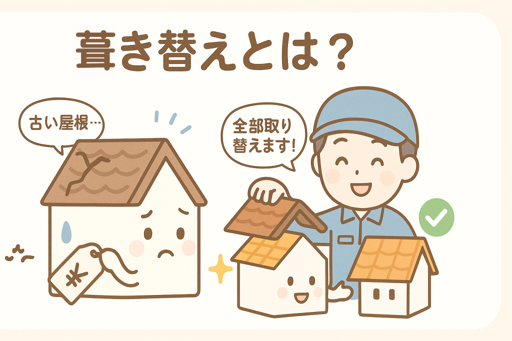 葺き替え工事を説明する屋根業者と古い屋根に悩む家キャラクターのイラスト