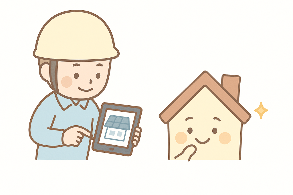優しい作業員がタブレットで丁寧に説明し家キャラが安心しているイラスト