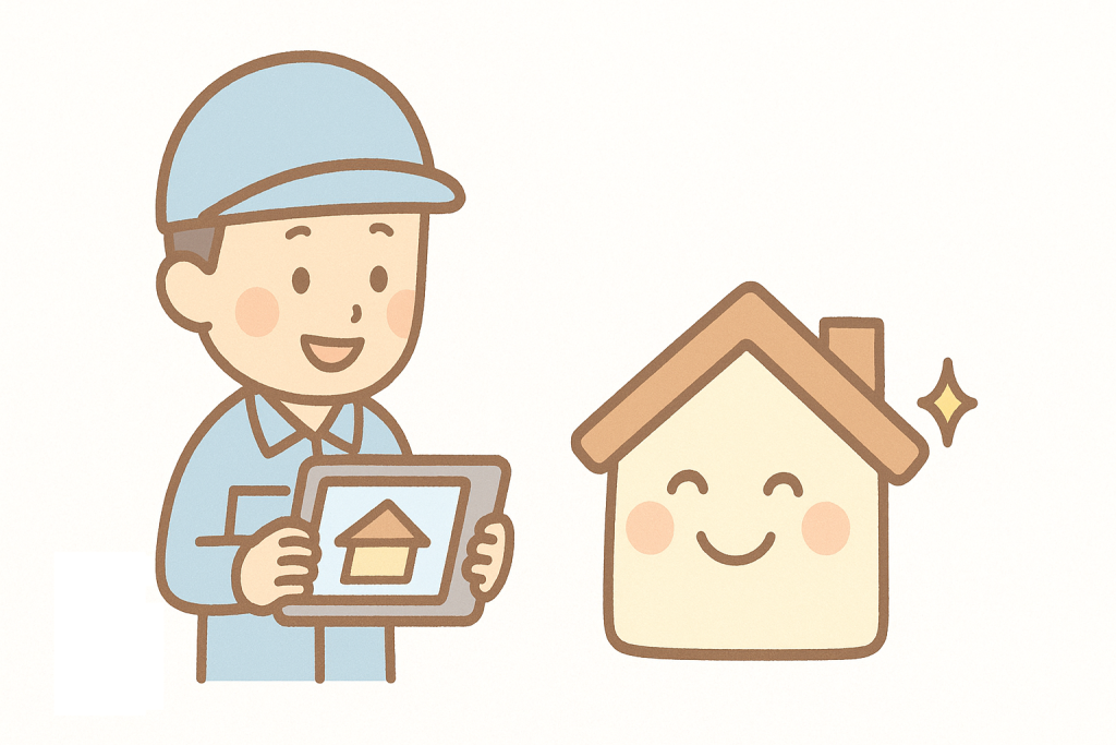  優良業者がタブレットで丁寧に説明し家キャラが安心しているイラスト