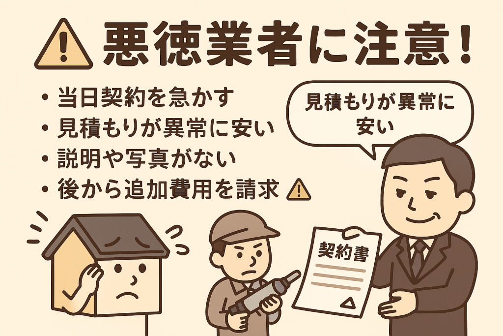 悪徳業者の特徴をまとめた警告イラスト。契約を急かす、異常に安い見積もり、説明不足、追加費用請求などの注意点がわかる。
