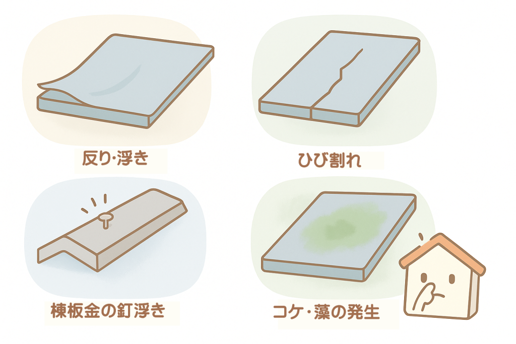 屋根外観の前兆（反り・ひび割れ・釘浮き・コケ）をまとめた説明イラスト