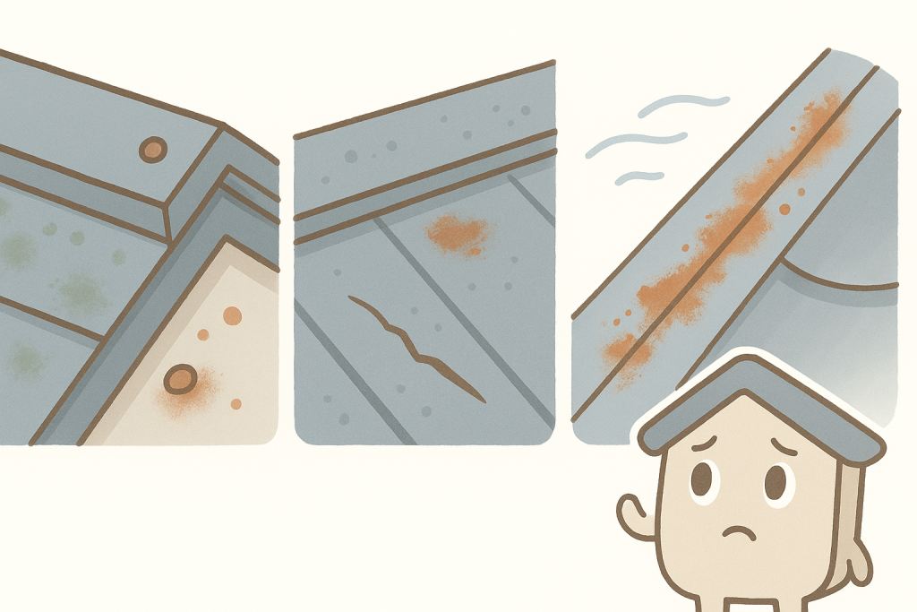 棟板金と谷板金に発生した赤サビ・白サビの様子を比較したイラスト。金属部分の劣化が進むと起こる代表的なサインを描いている。
