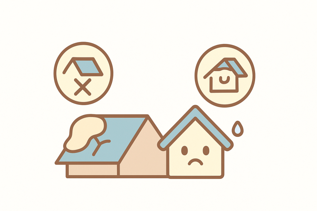 コーキングを盛りすぎて誤った補修をしている屋根と不安そうな家キャラクターのイラスト