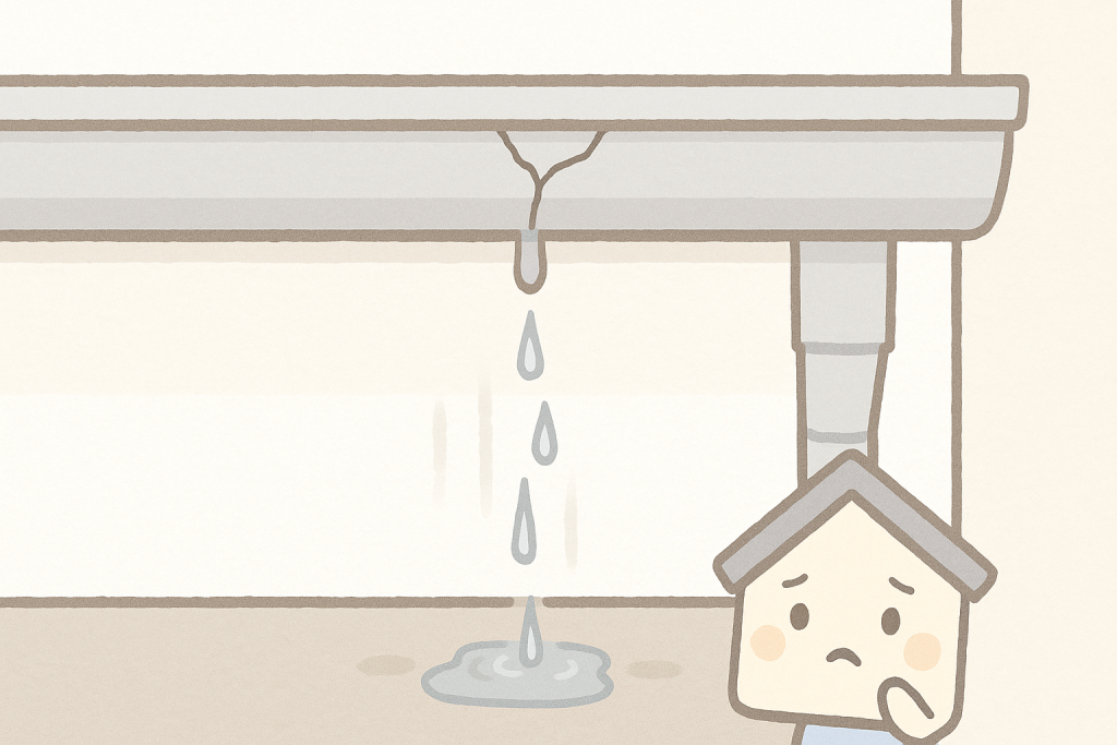 割れた雨樋の破損部分をアップで示すイラスト