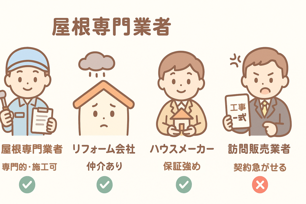 屋根修理業者の種類を比較したイラスト