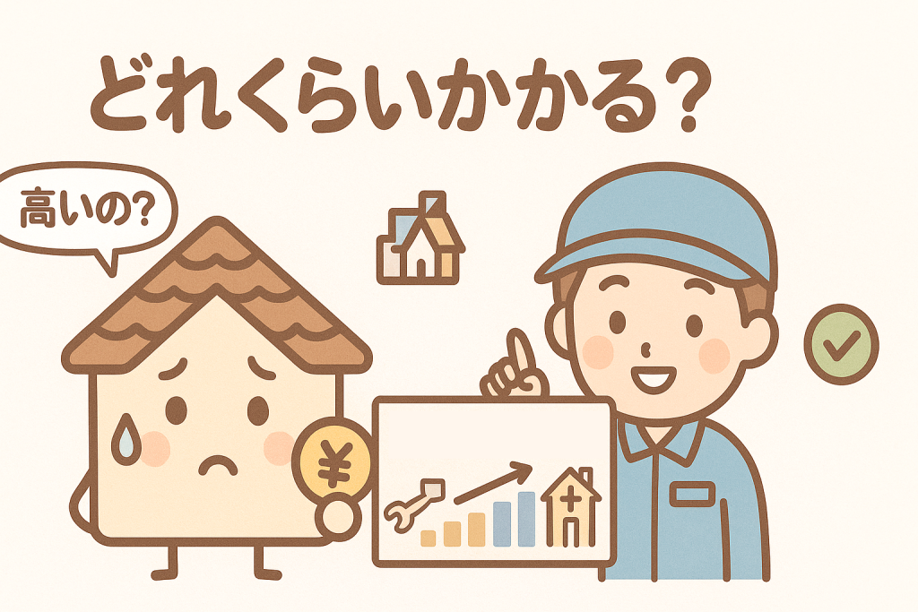 屋根修理の費用の違いを説明する業者と不安な家のイラスト
