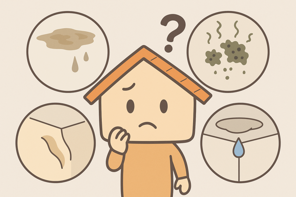 室内で起こる雨漏り前兆のシミ・壁紙の浮き・カビ臭・天井ふくらみをまとめたイラスト