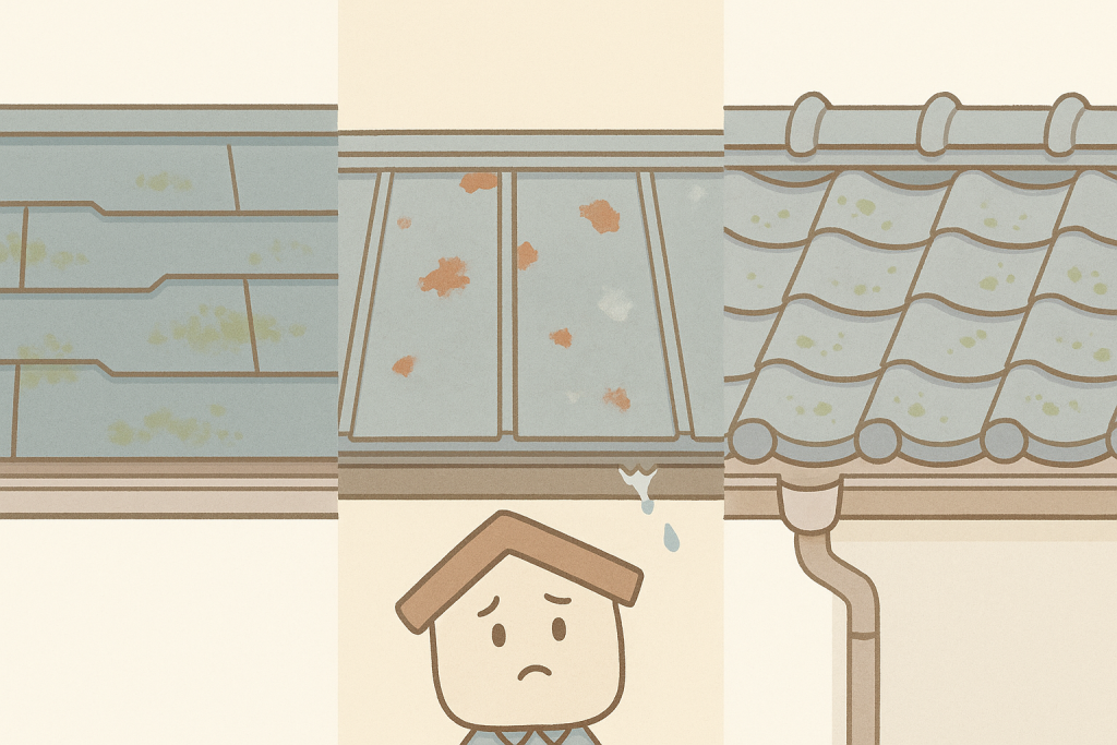 スレートの苔や色あせ、板金のサビ、瓦の苔付着を比較したイラスト