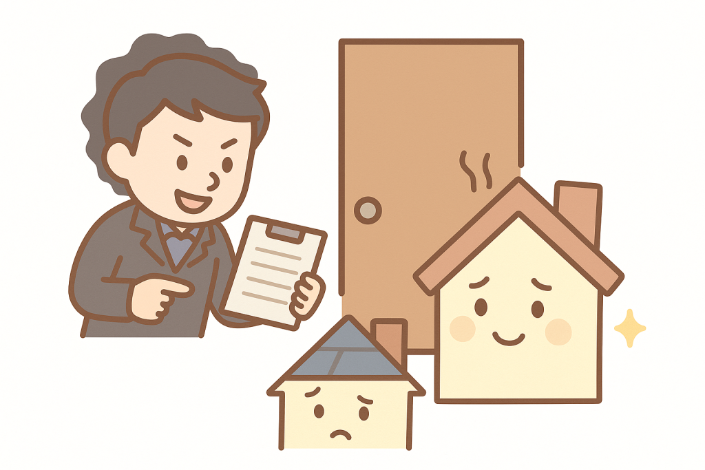 突然訪問して不安を煽る屋根業者と戸惑う家キャラのイラスト