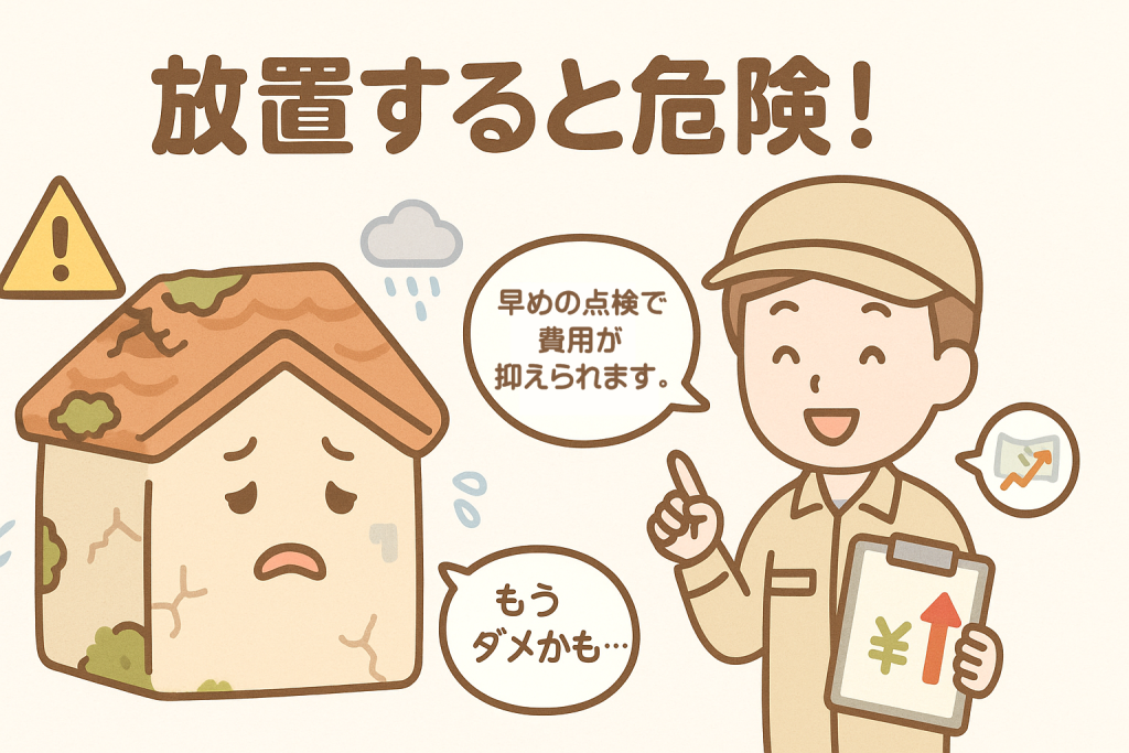 劣化した屋根の家が不安に思い、職人が早めの点検を勧めているイラスト。屋根を放置すると修理費が上がることを伝える画像