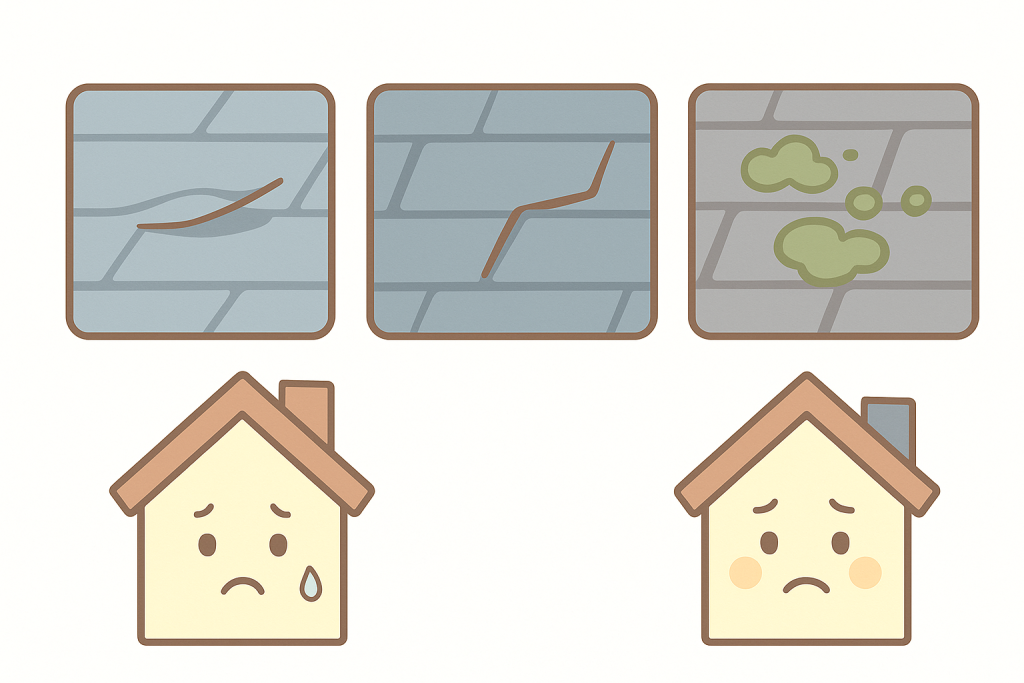 スレート屋根の反り・ひび割れ・コケの3つの劣化を示す図解イラスト