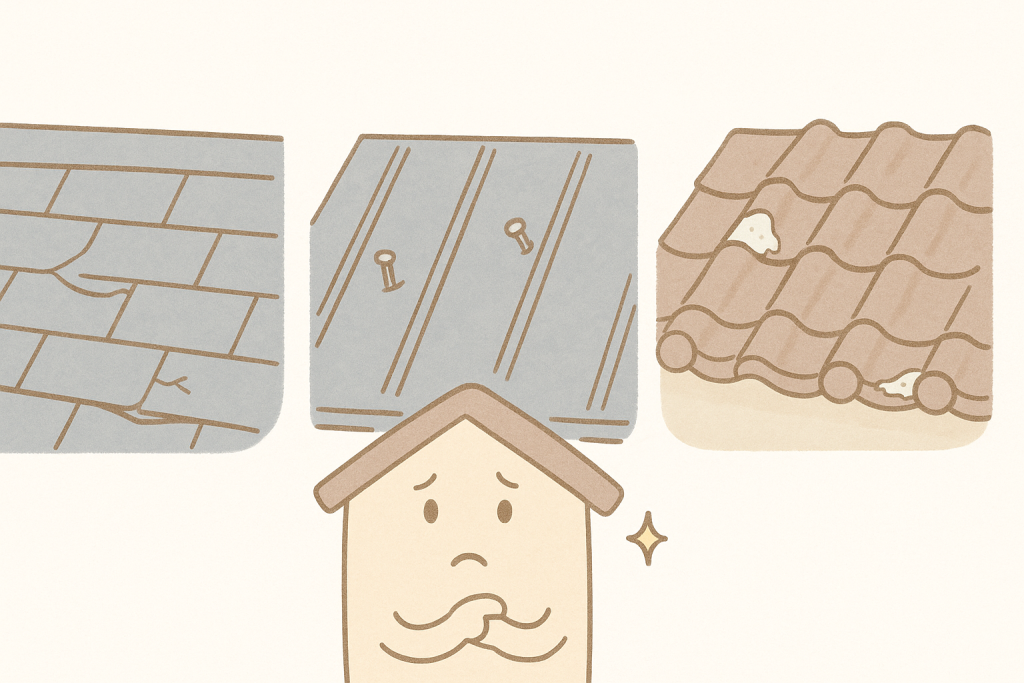 スレート・板金・瓦屋根のズレや浮き割れをまとめて描いたイラスト