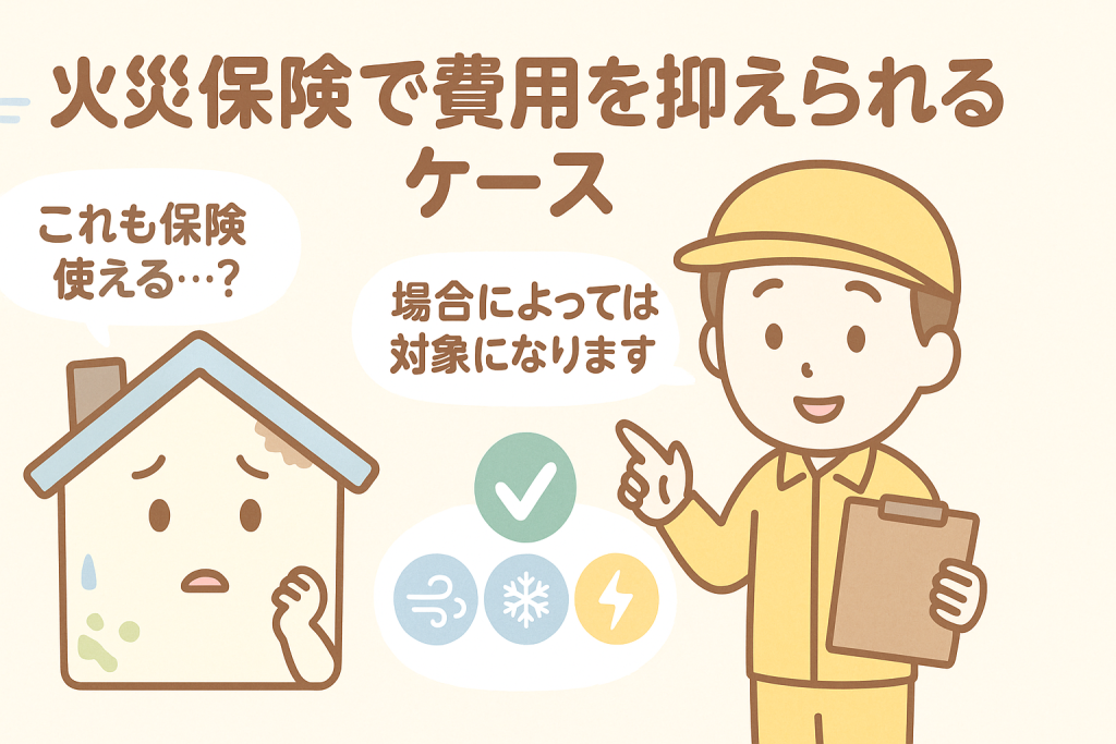 火災保険が使える可能性について、家キャラクターが相談し、職人が風災・雪・落下物など条件次第で対象になると説明しているイラスト