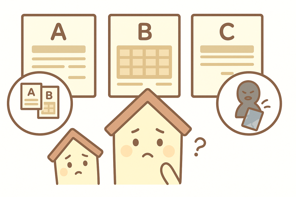 3つの見積書を前に迷っている家キャラクターのイラスト