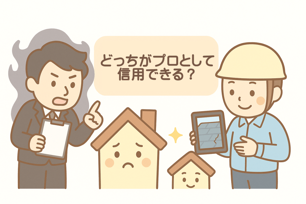 写真なしで説明する怪しい業者と写真で説明する良い業者の比較イラスト