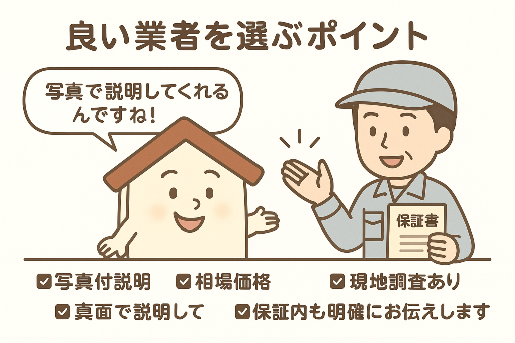 良い屋根修理業者の特徴を示したイラスト。写真説明、相場価格、保証、現地調査など安心できるチェックポイントがわかる。
