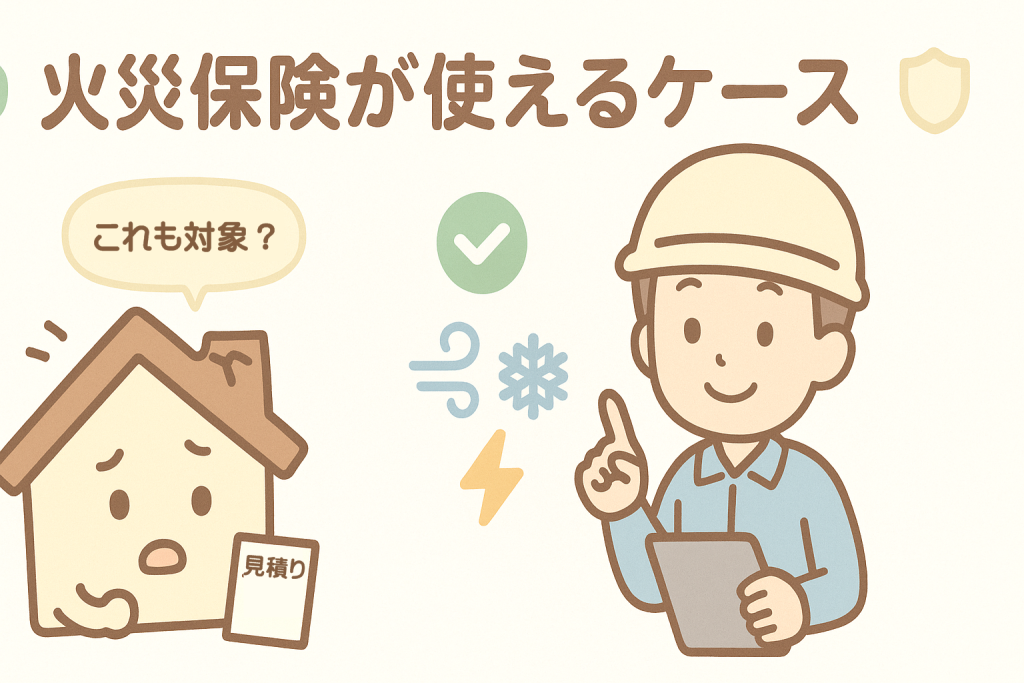火災保険が使える災害例を説明する業者と不安そうな家キャラクターのイラスト