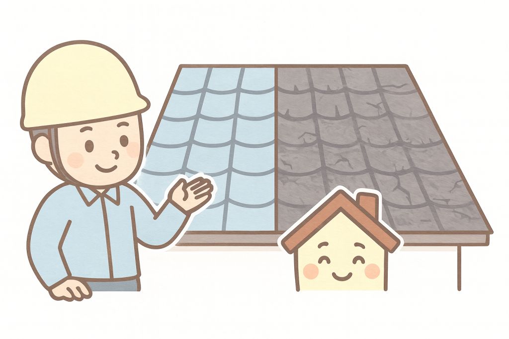 屋根の片面だけ部分張り替えを行っている状態を示すイラスト