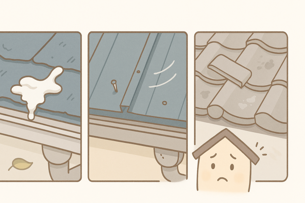 屋根工事の施工不良を示すイラスト。コーキングの盛りすぎ、ビス不足で浮いた板金、瓦の固定不足によるズレが描かれ、家キャラクターが気づいている様子。
