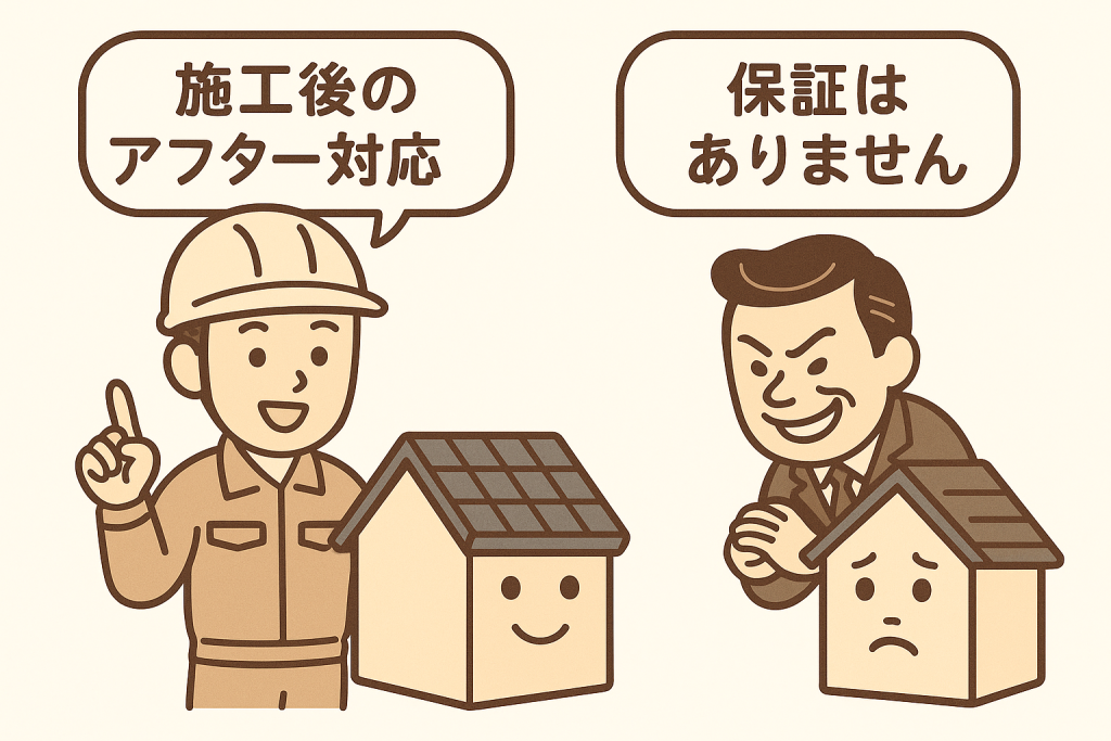 保証がある屋根修理業者と保証がない業者を比較したイラスト。工事後のサポートと保証の違いがわかる。