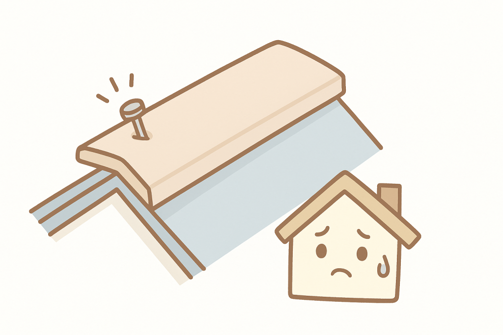 スレート屋根の棟板金で釘が浮いている状態を示すイラスト