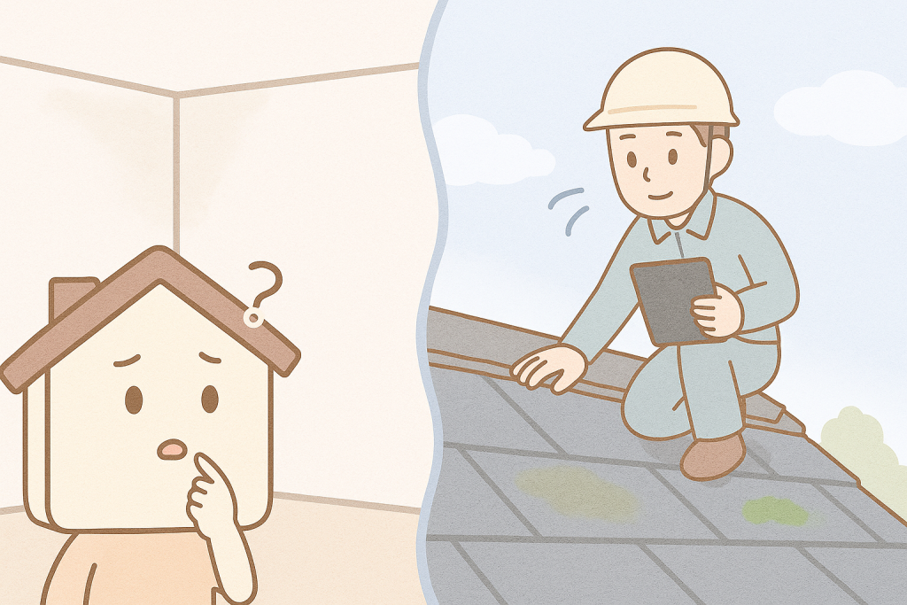室内の異変と屋外の屋根劣化を同時にチェックする家キャラと作業員のイラスト