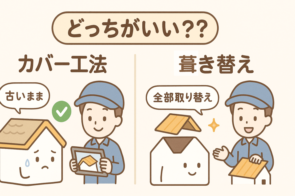 カバー工法と葺き替えを比較するイラスト