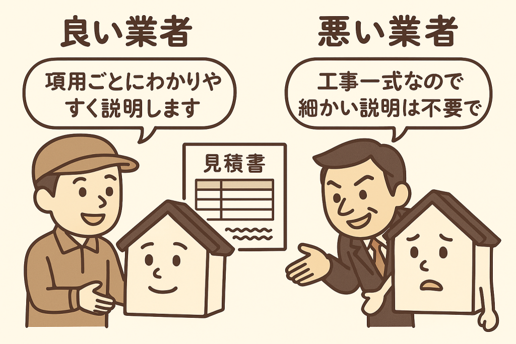 良い屋根修理業者と悪い業者の見積もりを比較したイラスト。細かい説明と「工事一式」の違いがわかる