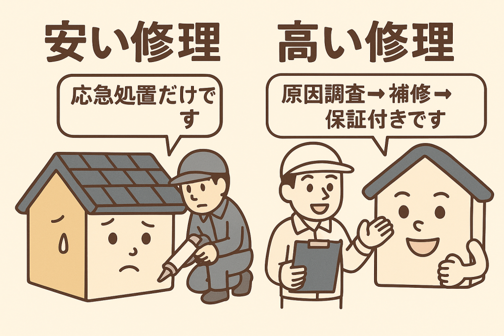 雨漏り修理の価格比較イラスト。応急処置だけの安い修理と、原因調査から補修・保証付きの適正修理が対比されている。
