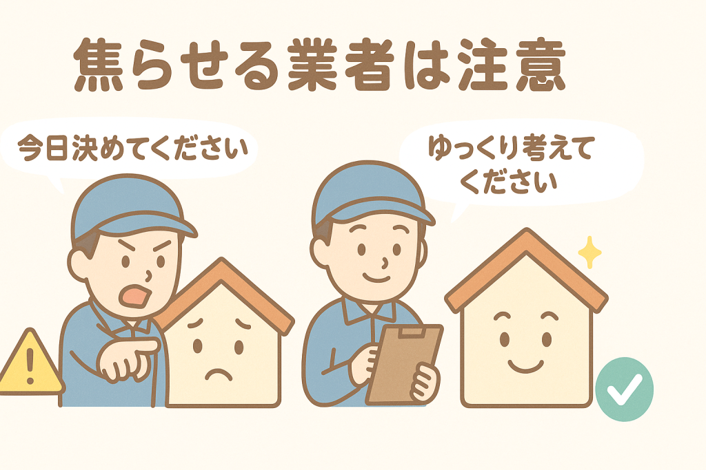焦らせる悪徳業者と丁寧に案内する業者を比較したイラスト