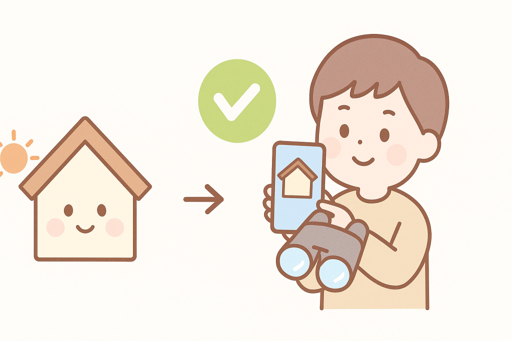 屋根をスマートフォンで撮影して状態を記録するイラスト